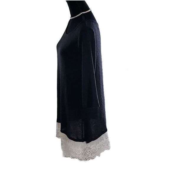 Now & Forever Black knit 3/4 Sleeve Cream Lace Hem Sweater Tunic Top Size 2XL - Picture 7 of 7